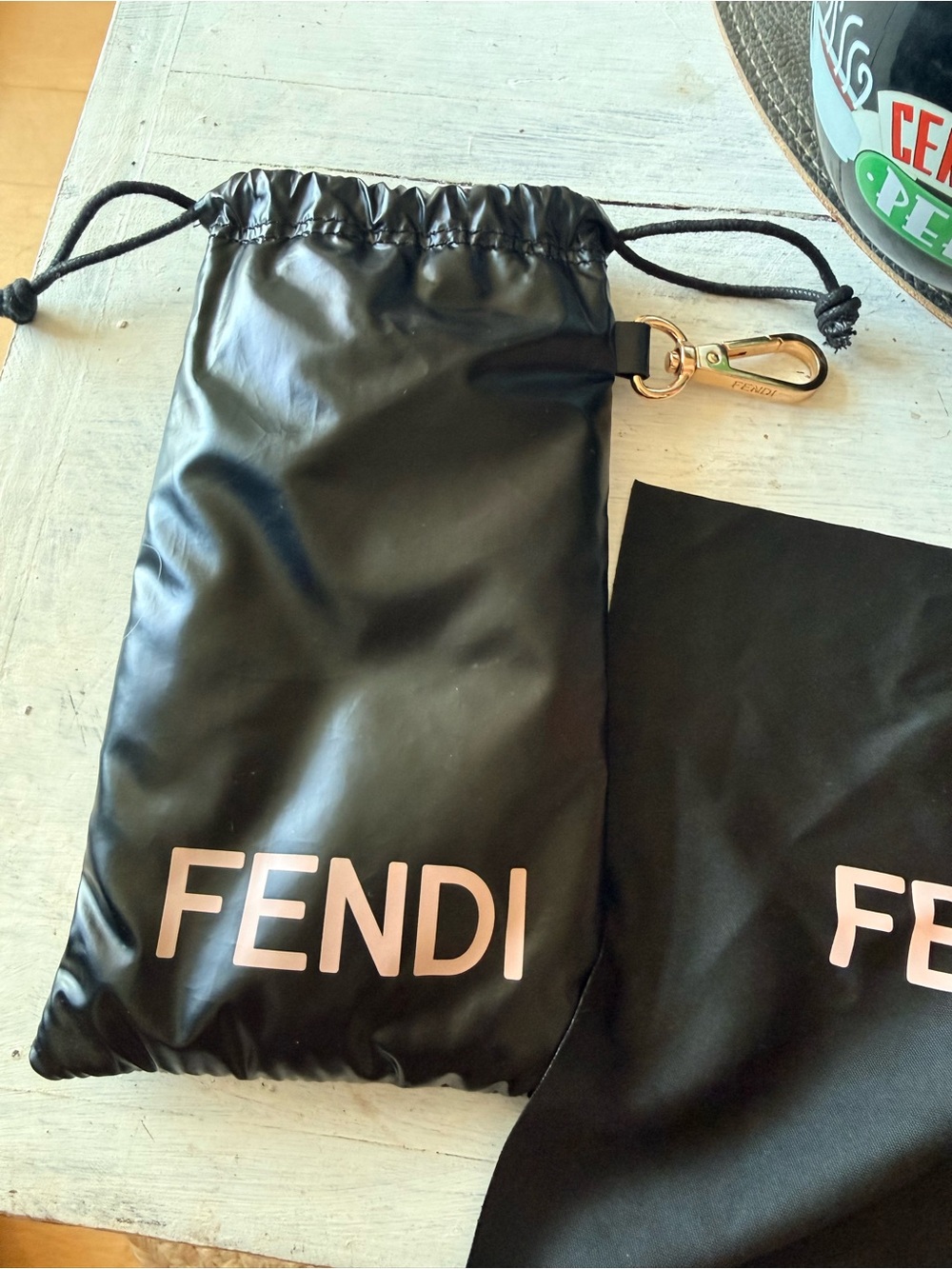 Fendi Black Logo Drawstring Pouch with Gold Clip Accent /Sunglasses case